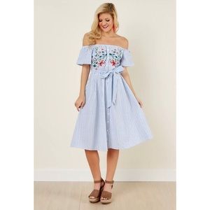 NWT Striped Off Shoulder Embroidered Midi Dress L
